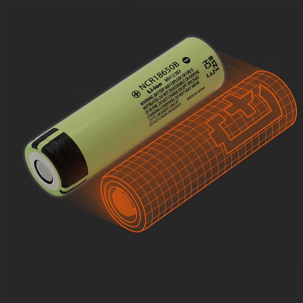 A cylindrical lithium-ion battery with part of it shown as a transparent orange wireframe, revealing internal structure and circuitry on a dark background.